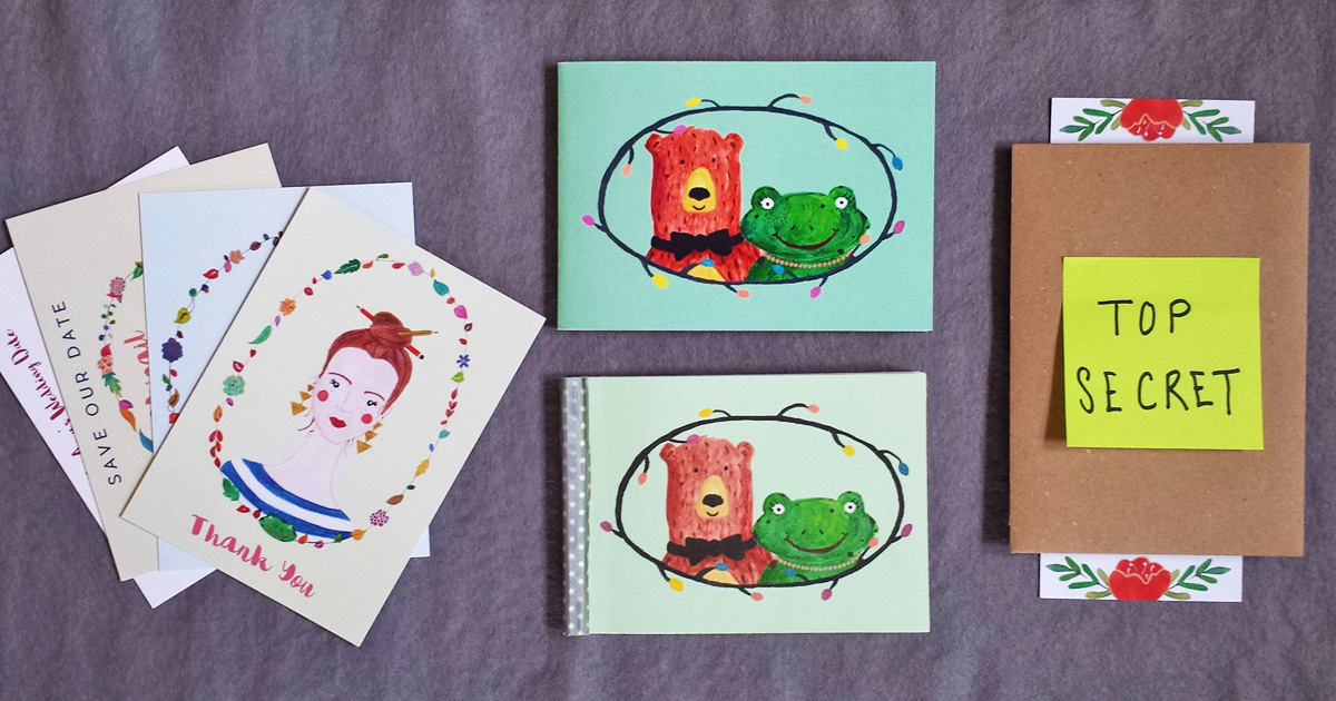 Examples of the chosen Frog & Pencil wedding stationery ready for PitchUp2016