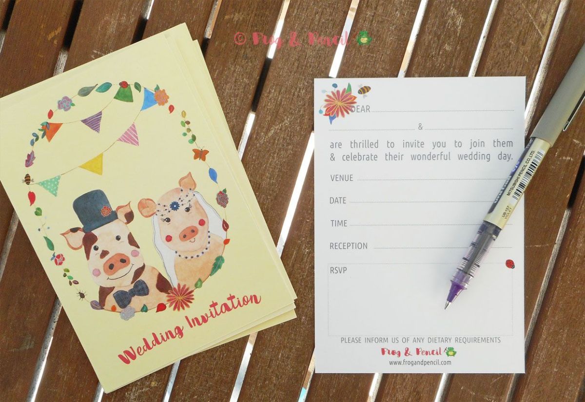 Mr & Mrs Piggy Ready-to-Write Wedding Invitation Front & Back