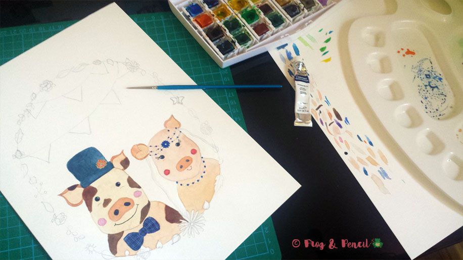 Work in progress, painting up Mr & Mrs Piggy illustration