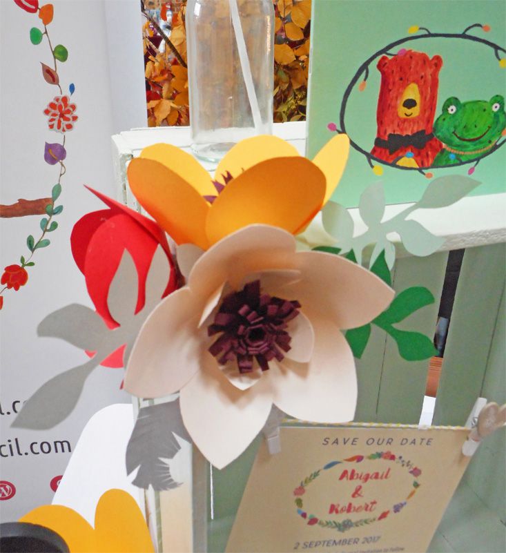 Frog & Pencil detail close up of paper flowers at the Oxnead Wedding Show.