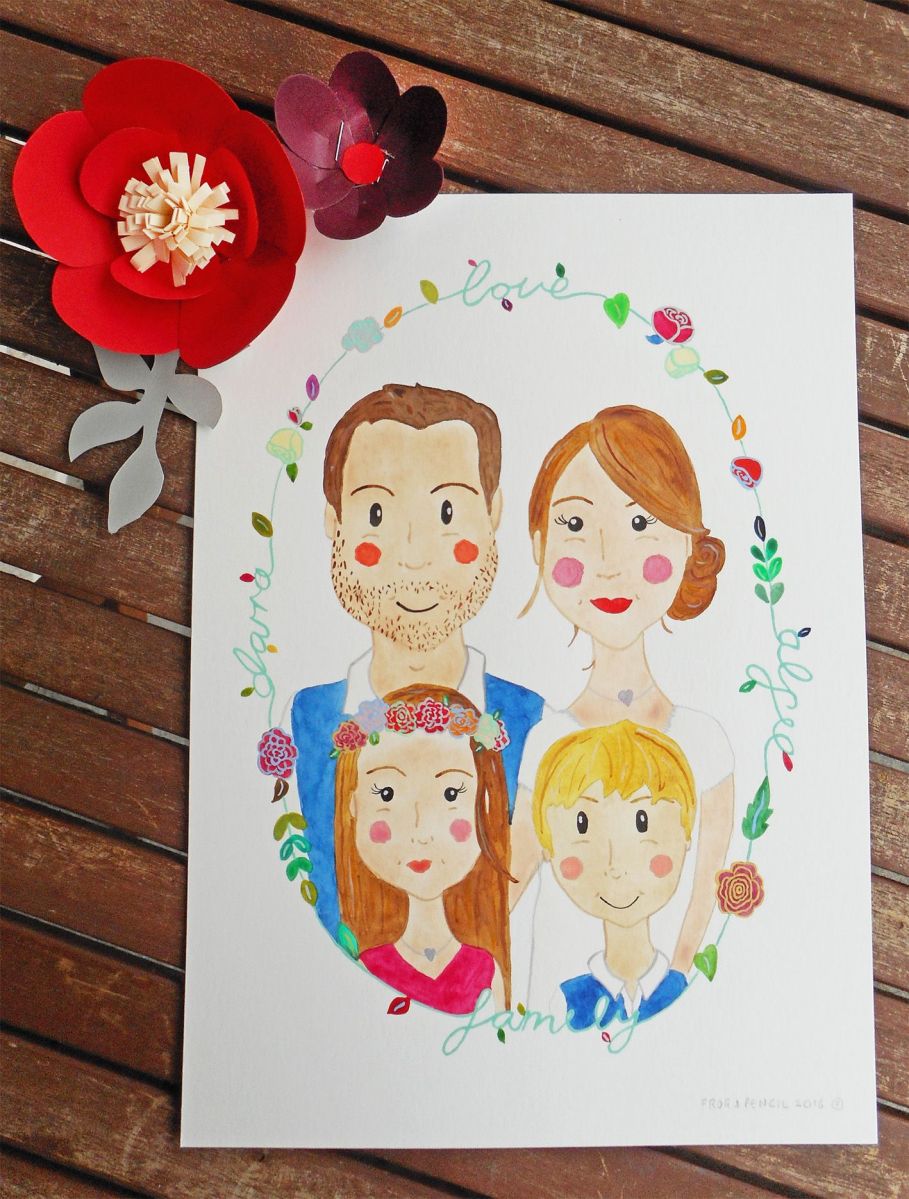 Lucy & Rory's family watercolour portrait.