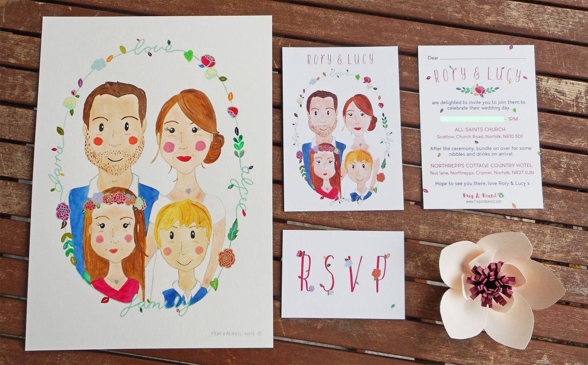 Lucy & Rory's Frog & Pencil bespoke wedding stationery.