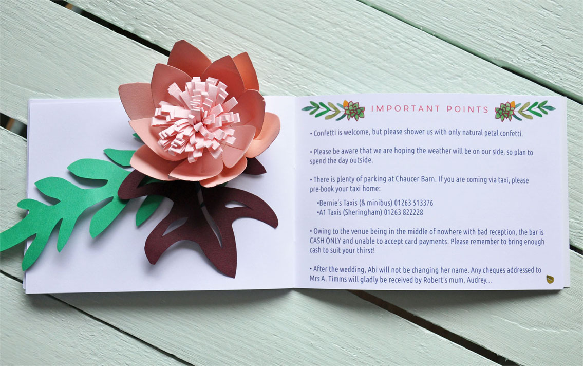 Abi & Rob Little Bespoke Book Wedding Invitation Details