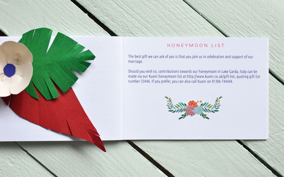 Abi & Rob Little Bespoke Book Wedding Invitation Honeymoon List