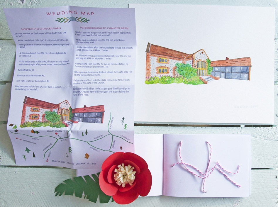 Abi & Rob Little Bespoke Book Wedding Invitation unfolded Wedding Map of Chaucer Barn, Norfolk.