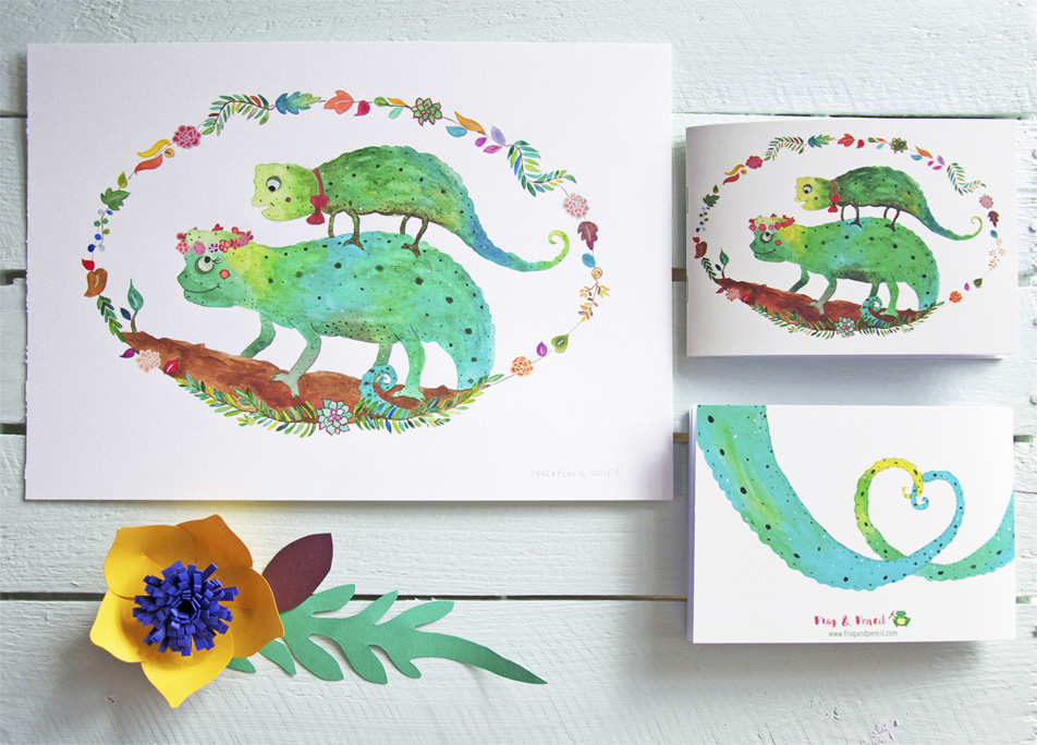 Abi & Rob Little Bespoke Book Wedding Invitation, front & back with original Chameleon watercolour