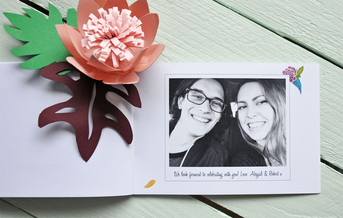 Abi & Rob Little Bespoke Book Wedding Invitation photograph page of the couple.