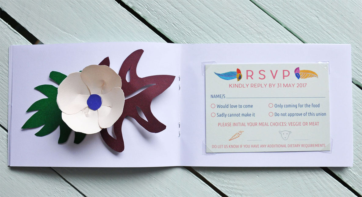 Abi & Rob's Little Bespoke Book Wedding Invitation - RSVP page.