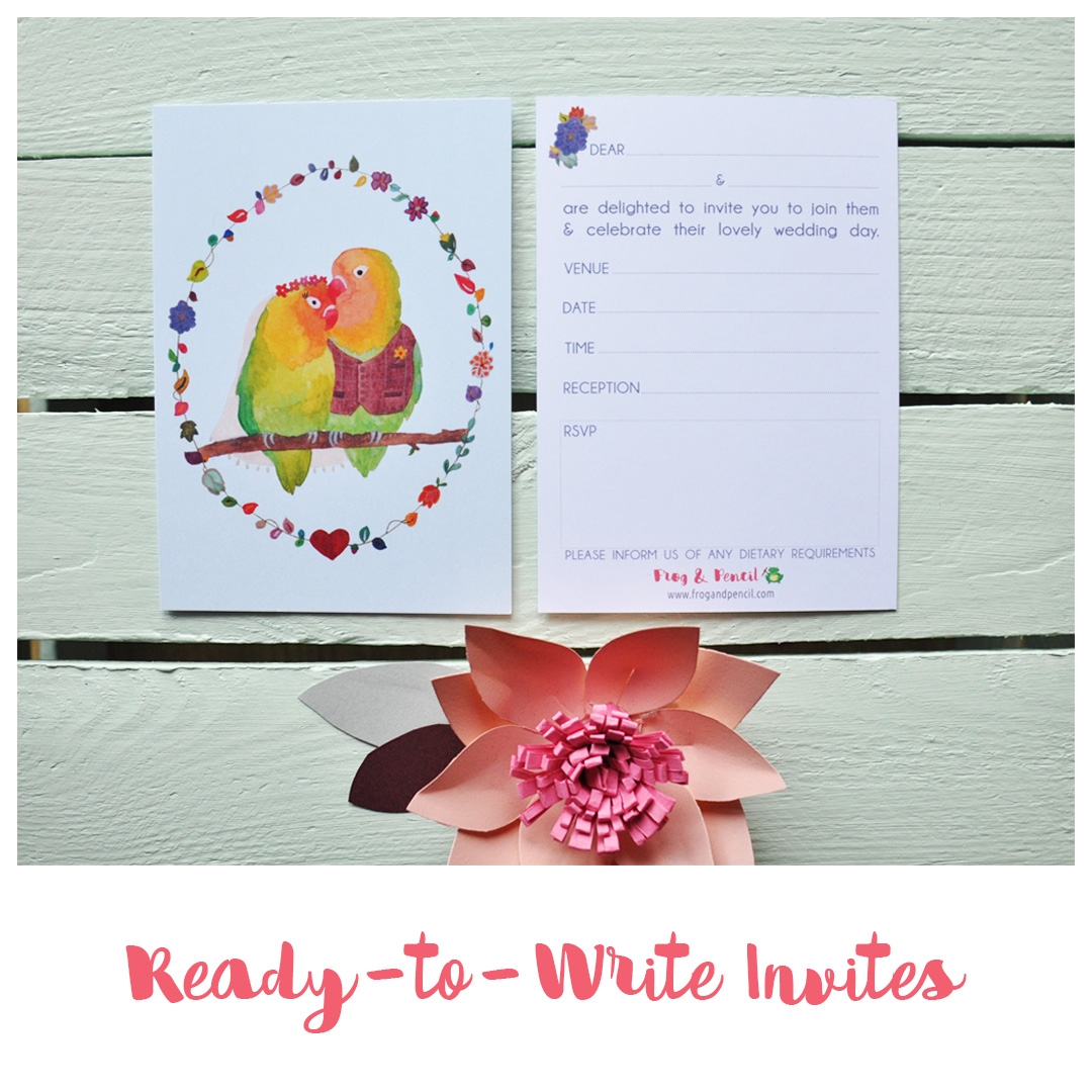 Frog & Pencil Ready-to-Write Wedding Invites available on Etsy