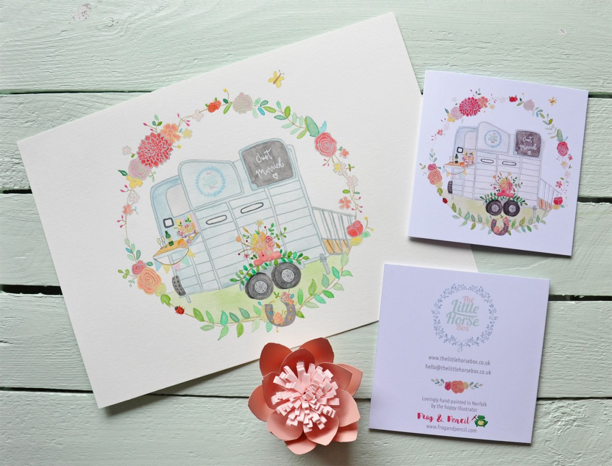 The Little Horse Box commission, original illustration and front and back card detail.