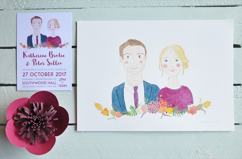 Katherine & Peter's Watercolour Couple Portrait with Wedding Invitation