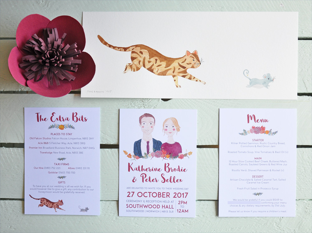 Katherine & Peter's Wedding Stationery Collection with original cat & mouse painting.