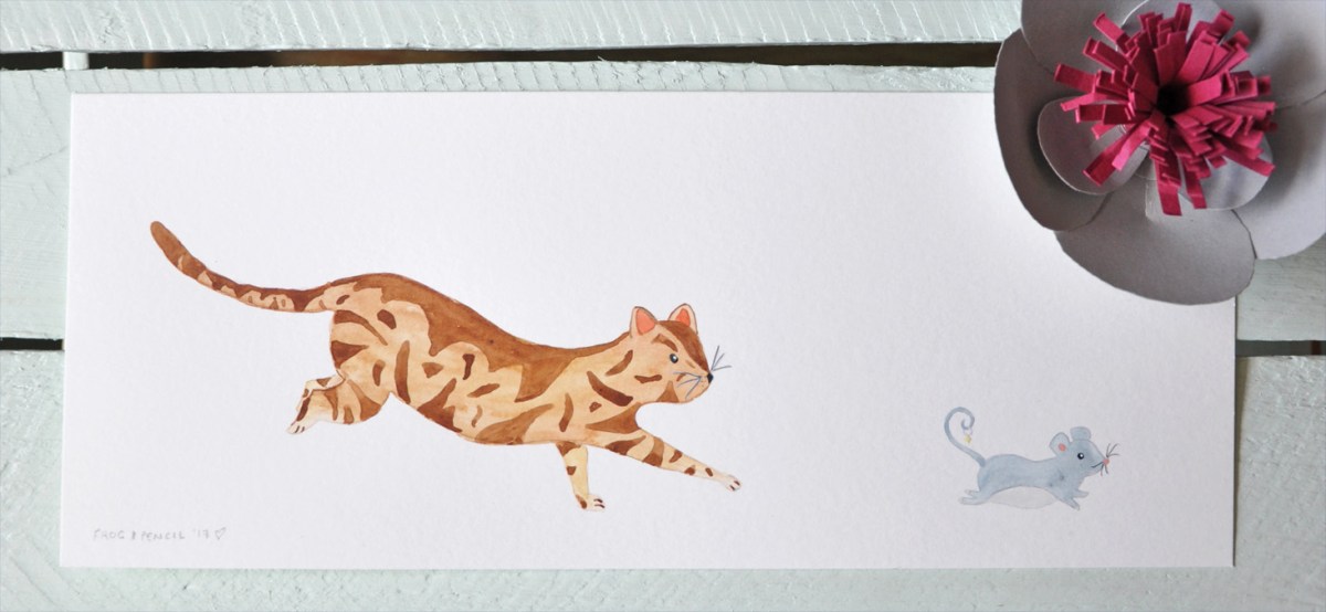 Katherine & Peter's stationery - Watson the cat chasing mouse illustration