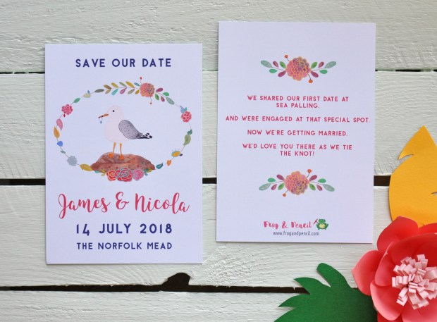 Save our Date card with personal touches, including the couples story.